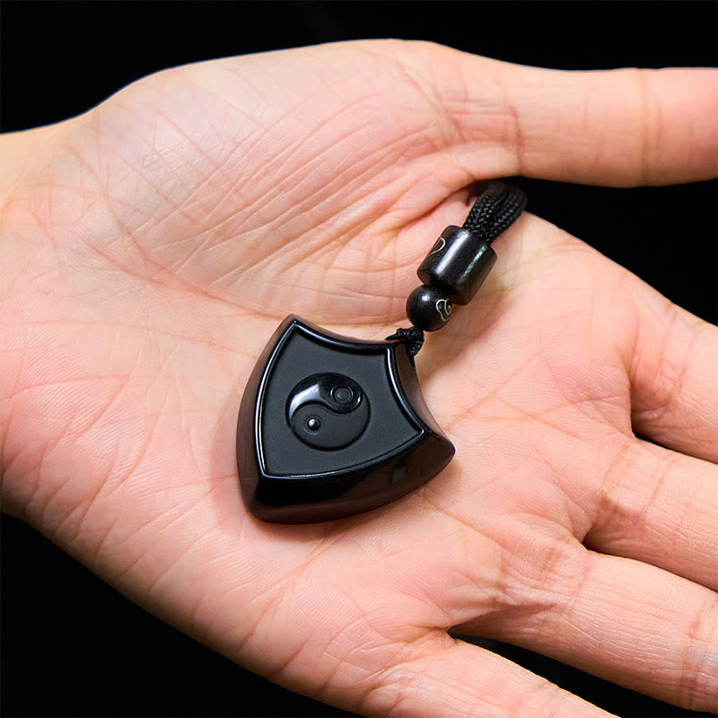 Black Obsidian Shield Pattern Yin Yang Symbol Strength Necklace Pendant