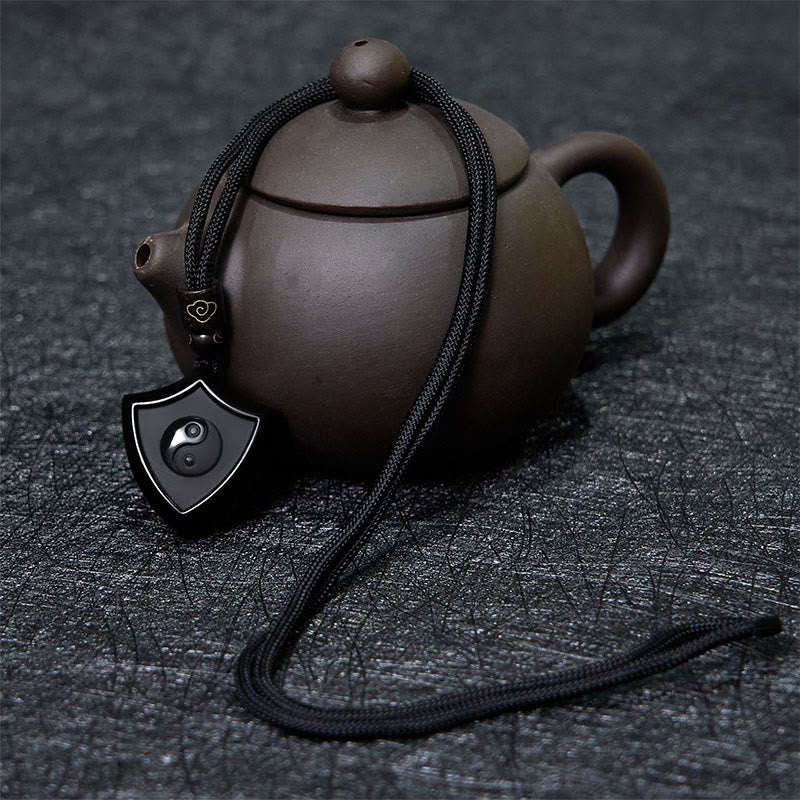 Black Obsidian Shield Pattern Yin Yang Symbol Strength Necklace Pendant