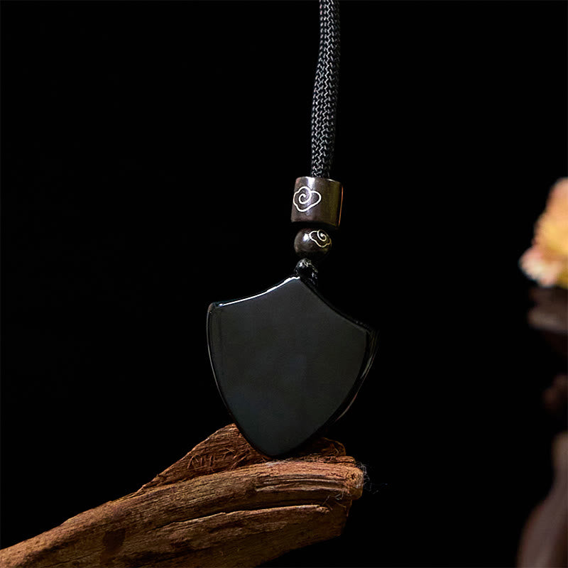 Black Obsidian Shield Pattern Yin Yang Symbol Strength Necklace Pendant