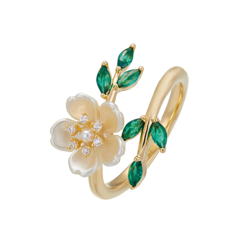 Pearl Flower Zircon Leaves Happiness Wealth Adjustable Ring