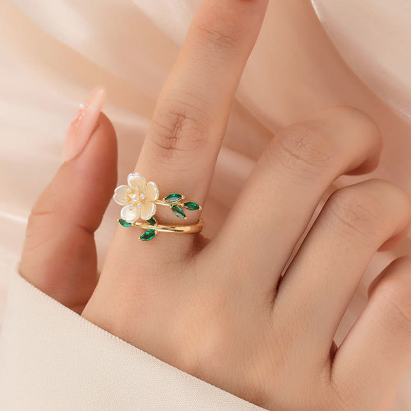 Pearl Flower Zircon Leaves Happiness Wealth Adjustable Ring
