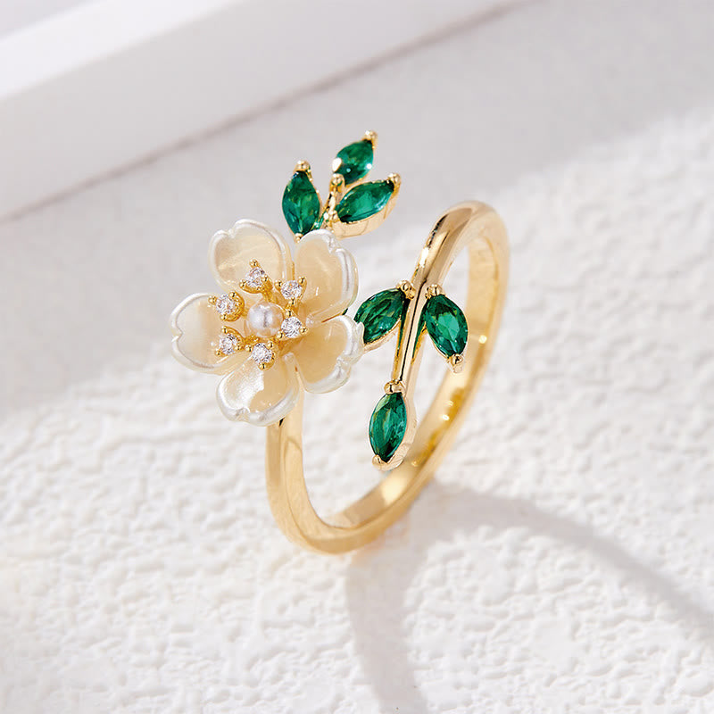 Pearl Flower Zircon Leaves Happiness Wealth Adjustable Ring