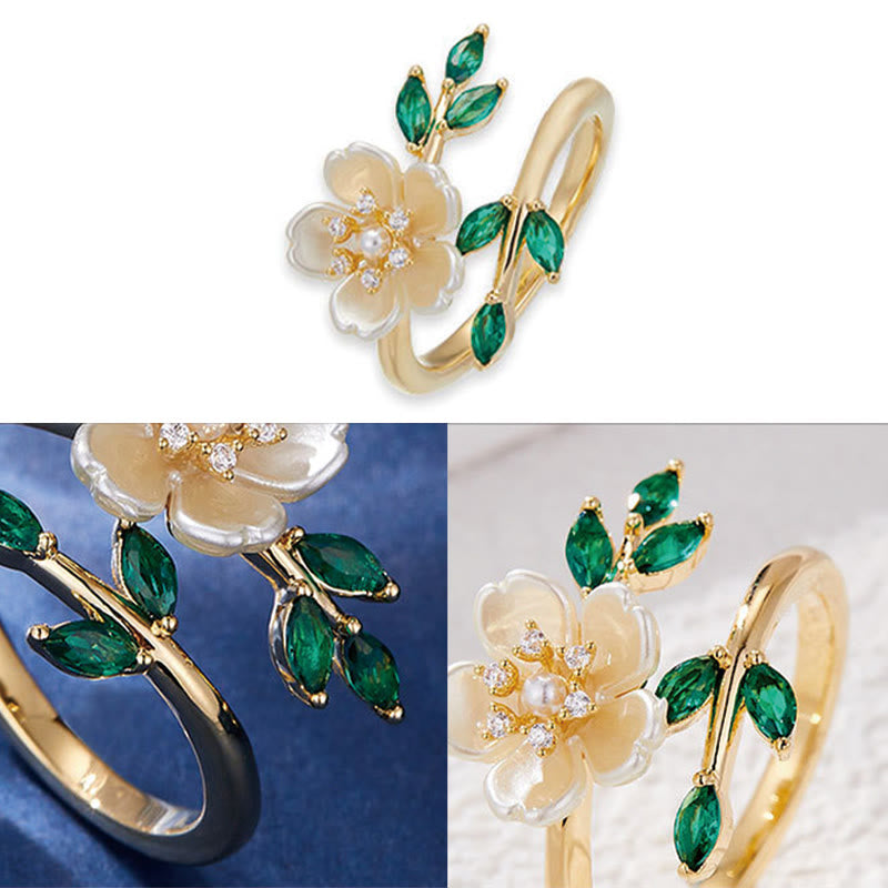 Pearl Flower Zircon Leaves Happiness Wealth Adjustable Ring