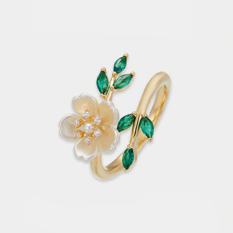 Pearl Flower Zircon Leaves Happiness Wealth Adjustable Ring