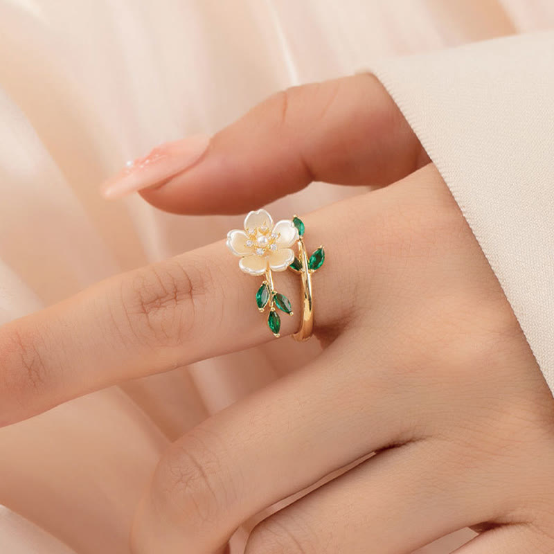 Pearl Flower Zircon Leaves Happiness Wealth Adjustable Ring