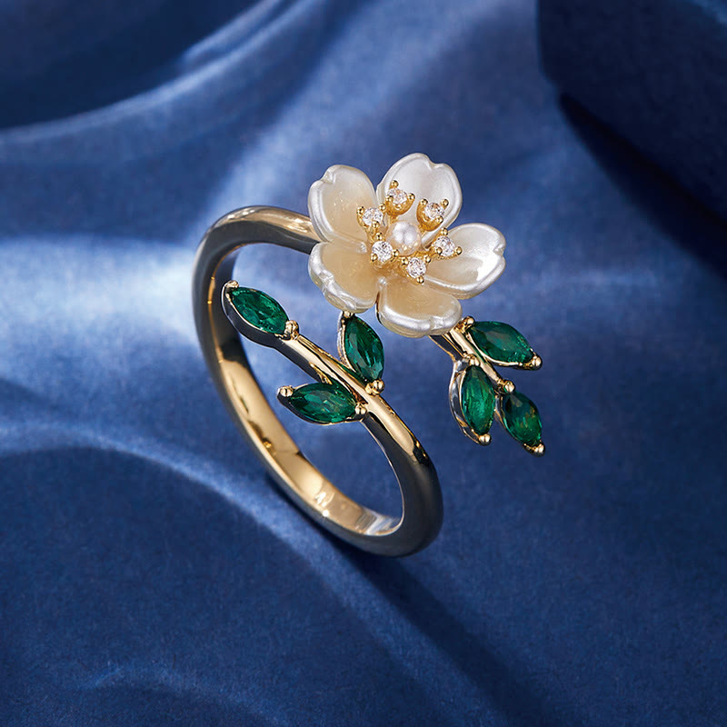 Pearl Flower Zircon Leaves Happiness Wealth Adjustable Ring