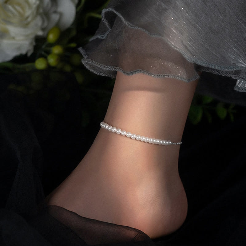 Lustrous 4mm Pearl and 925 Sterling Silver Beaded Minimalist Anklet