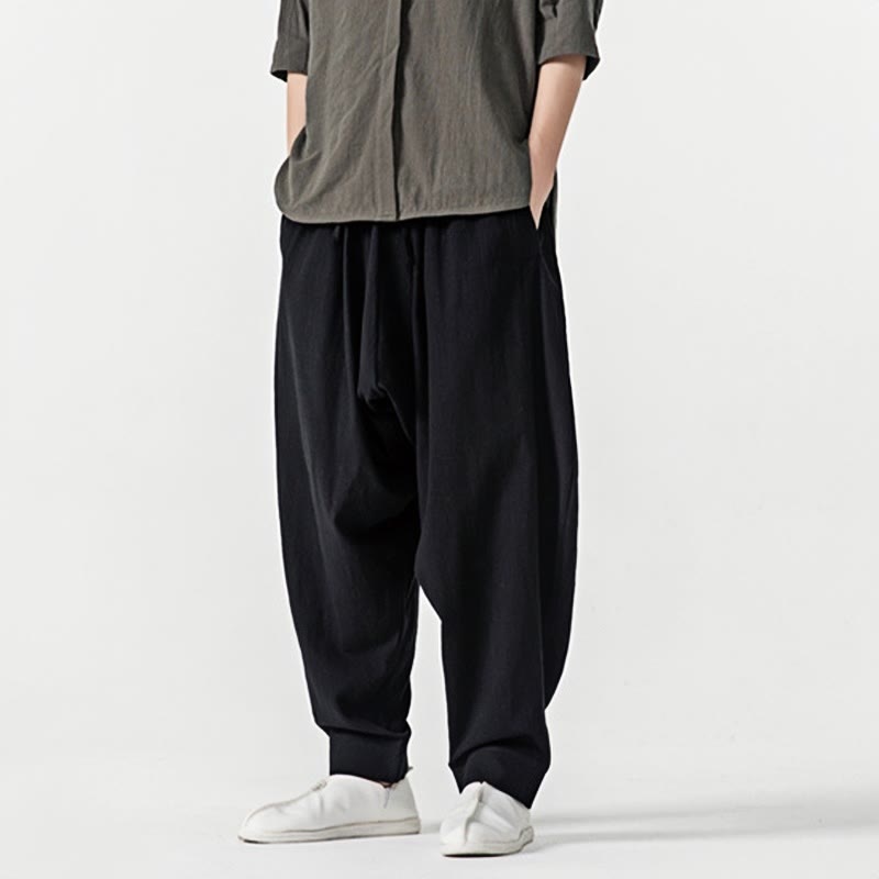 Solid Color Drawstring Men's Harem Pants With PocketsAnkle-Length (9 Length)