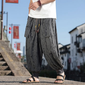 Solid Color Hole Design Drawstring Cotton Men's Wide Leg Pants With Pockets