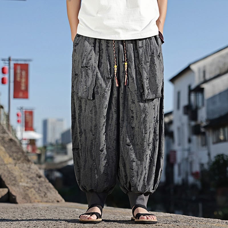 Solid Color Hole Design Drawstring Cotton Men's Wide Leg Pants With Pockets