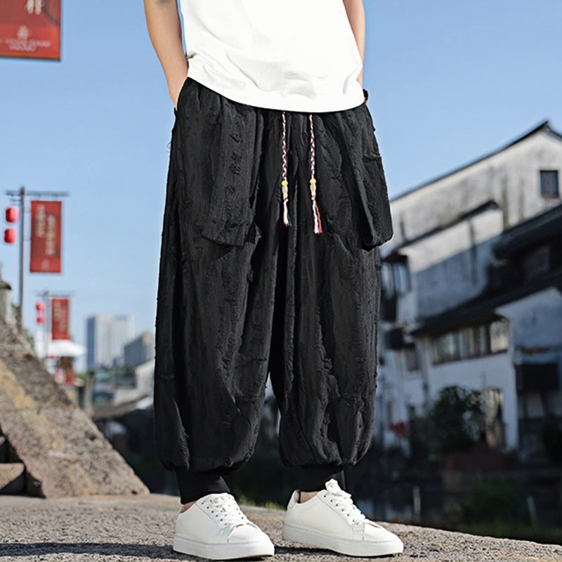 Solid Color Hole Design Drawstring Cotton Men's Wide Leg Pants With Pockets