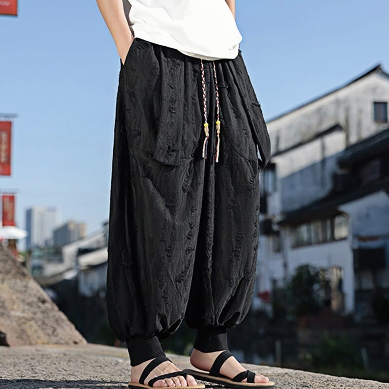 Solid Color Hole Design Drawstring Cotton Men's Wide Leg Pants With Pockets