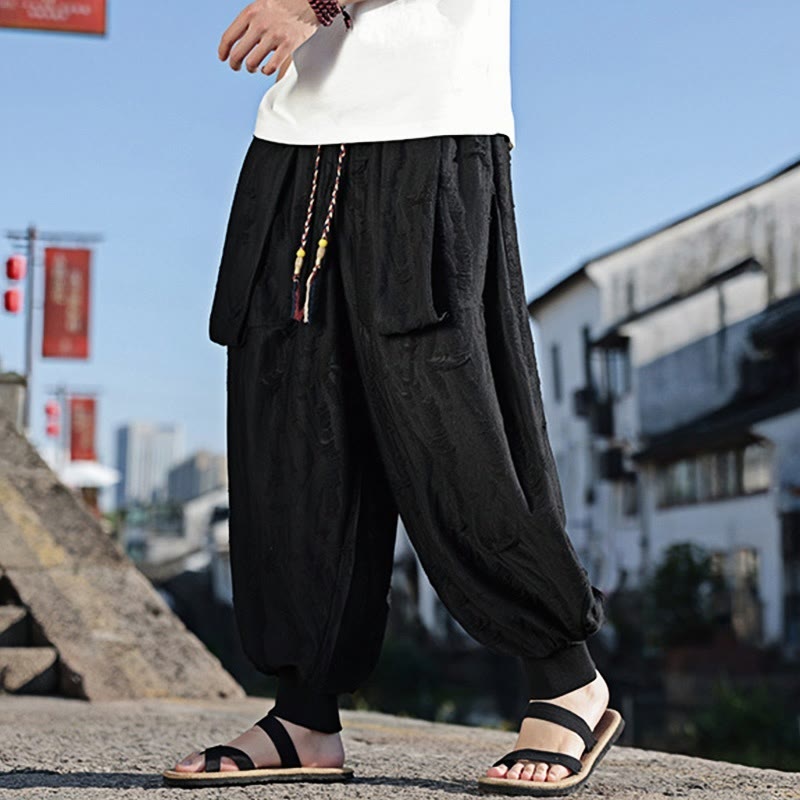 Solid Color Hole Design Drawstring Cotton Men's Wide Leg Pants With Pockets