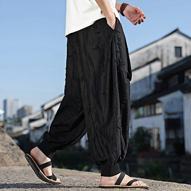 Solid Color Hole Design Drawstring Cotton Men's Wide Leg Pants With Pockets