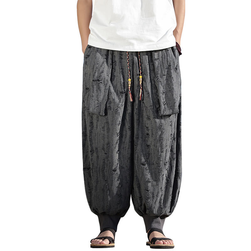 Solid Color Hole Design Drawstring Cotton Men's Wide Leg Pants With Pockets