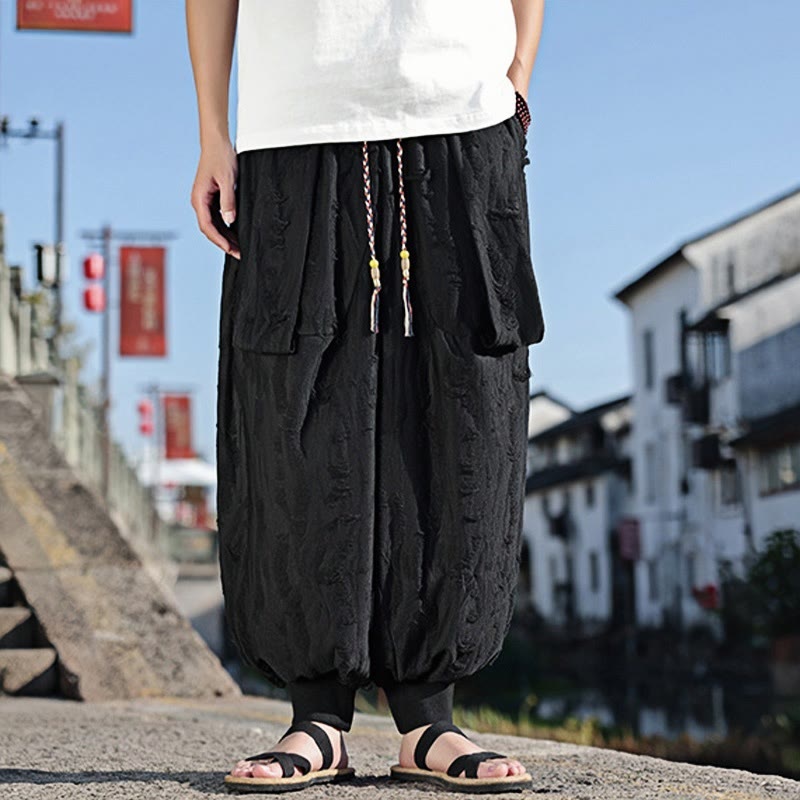 Solid Color Hole Design Drawstring Cotton Men's Wide Leg Pants With Pockets