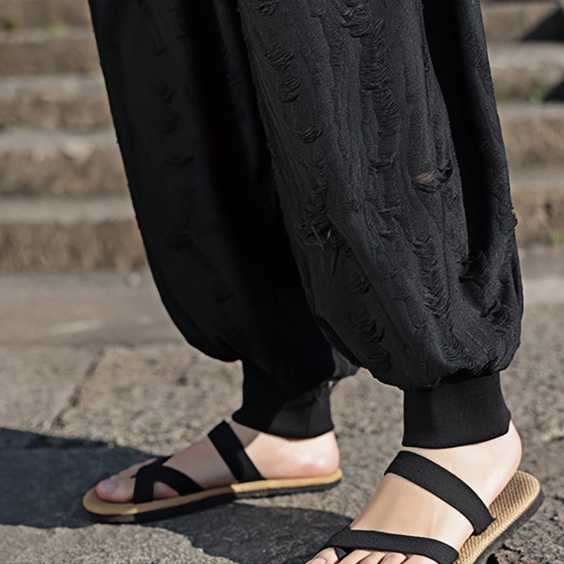 Solid Color Hole Design Drawstring Cotton Men's Wide Leg Pants With Pockets