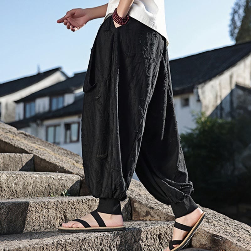 Solid Color Hole Design Drawstring Cotton Men's Wide Leg Pants With Pockets