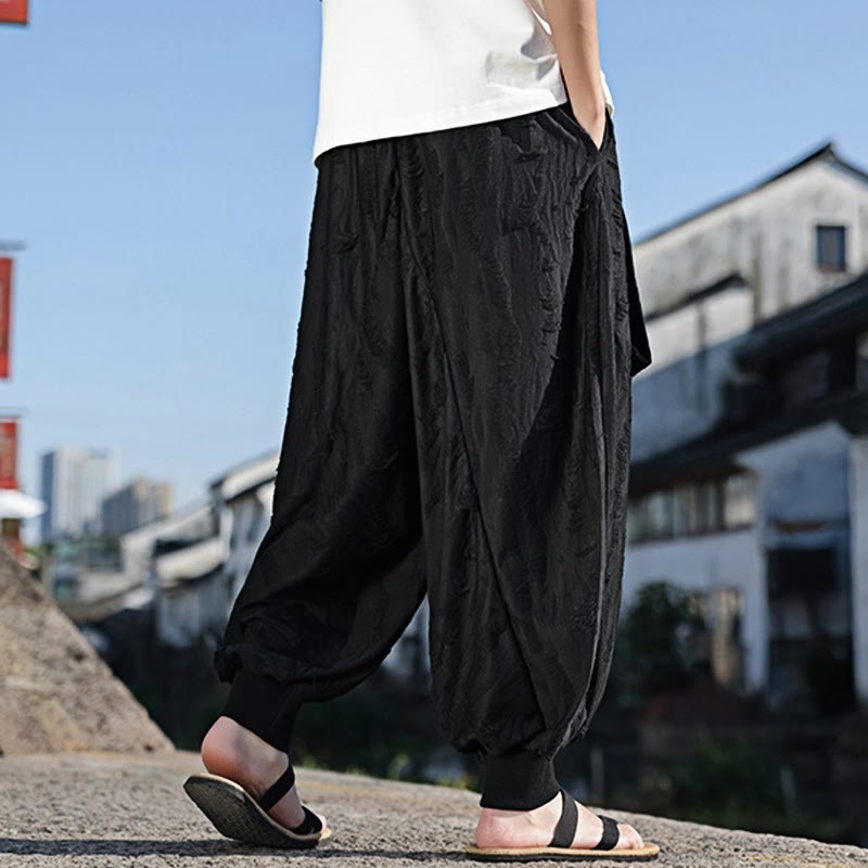 Solid Color Hole Design Drawstring Cotton Men's Wide Leg Pants With Pockets