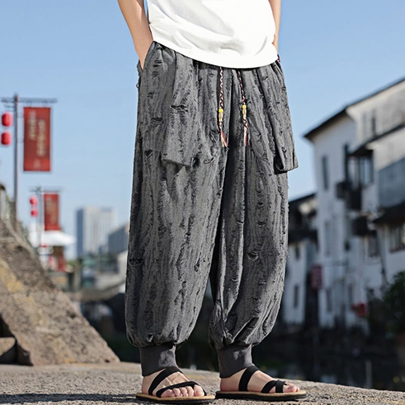 Solid Color Hole Design Drawstring Cotton Men's Wide Leg Pants With Pockets