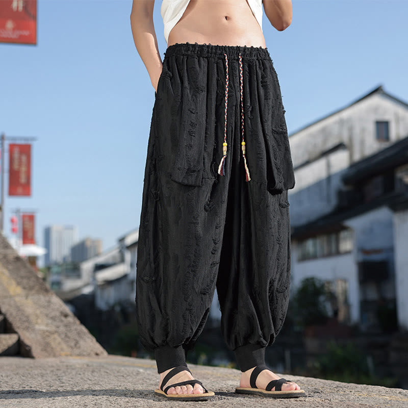 Solid Color Hole Design Drawstring Cotton Men's Wide Leg Pants With Pockets