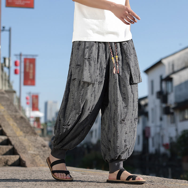 Solid Color Hole Design Drawstring Cotton Men's Wide Leg Pants With Pockets