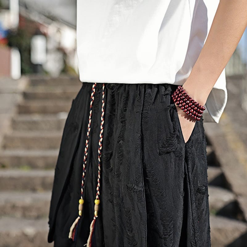 Solid Color Hole Design Drawstring Cotton Men's Wide Leg Pants With Pockets