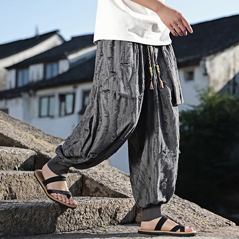 Solid Color Hole Design Drawstring Cotton Men's Wide Leg Pants With Pockets