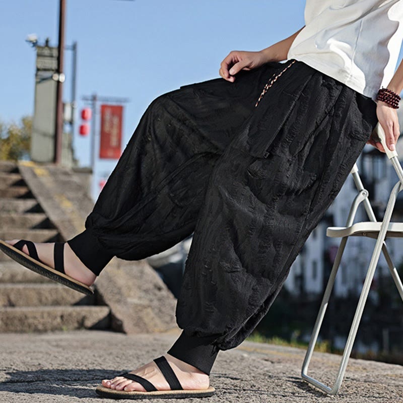 Solid Color Hole Design Drawstring Cotton Men's Wide Leg Pants With Pockets