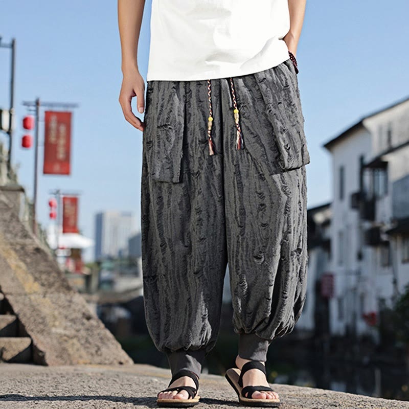 Solid Color Hole Design Drawstring Cotton Men's Wide Leg Pants With Pockets