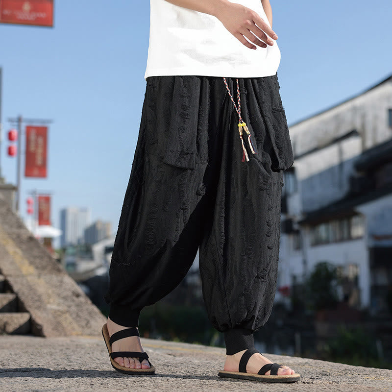 Solid Color Hole Design Drawstring Cotton Men's Wide Leg Pants With Pockets