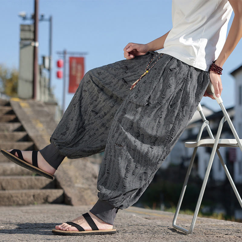Solid Color Hole Design Drawstring Cotton Men's Wide Leg Pants With Pockets