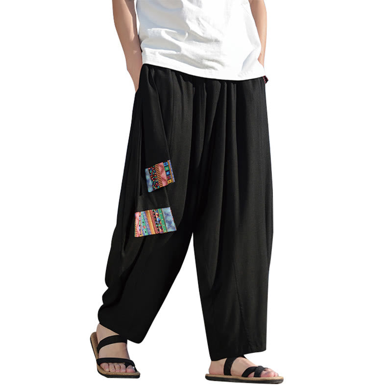 Simple Patchwork Design Drawstring Cotton Men's Wide Leg Pants With Pockets