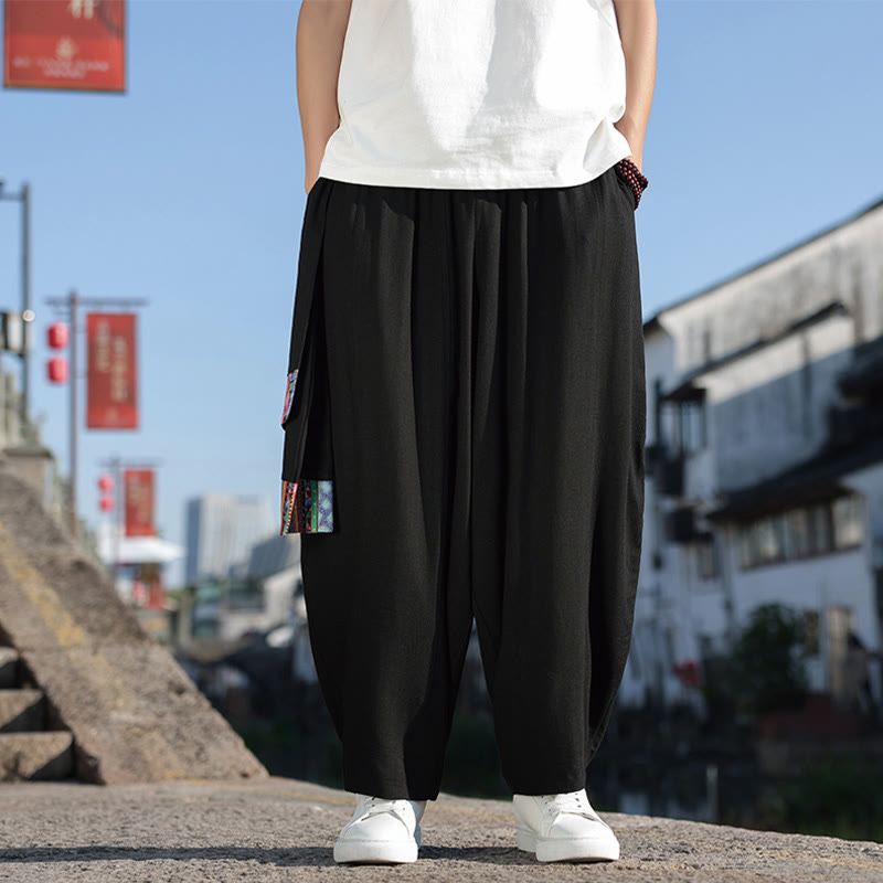Simple Patchwork Design Drawstring Cotton Men's Wide Leg Pants With Pockets