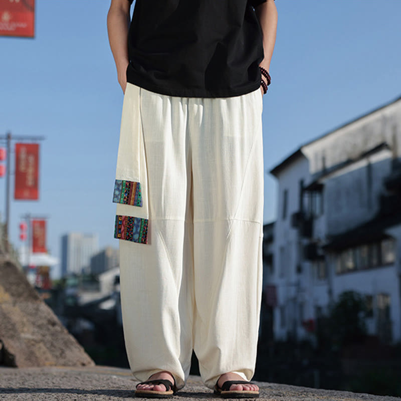 Simple Patchwork Design Drawstring Cotton Men's Wide Leg Pants With Pockets