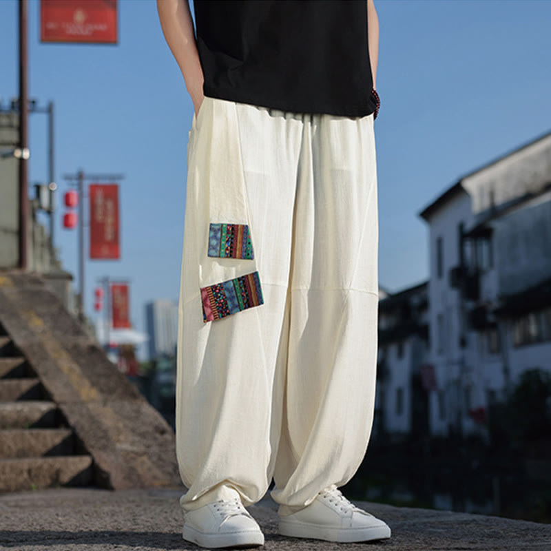 Simple Patchwork Design Drawstring Cotton Men's Wide Leg Pants With Pockets
