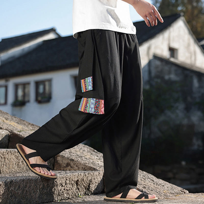 Simple Patchwork Design Drawstring Cotton Men's Wide Leg Pants With Pockets