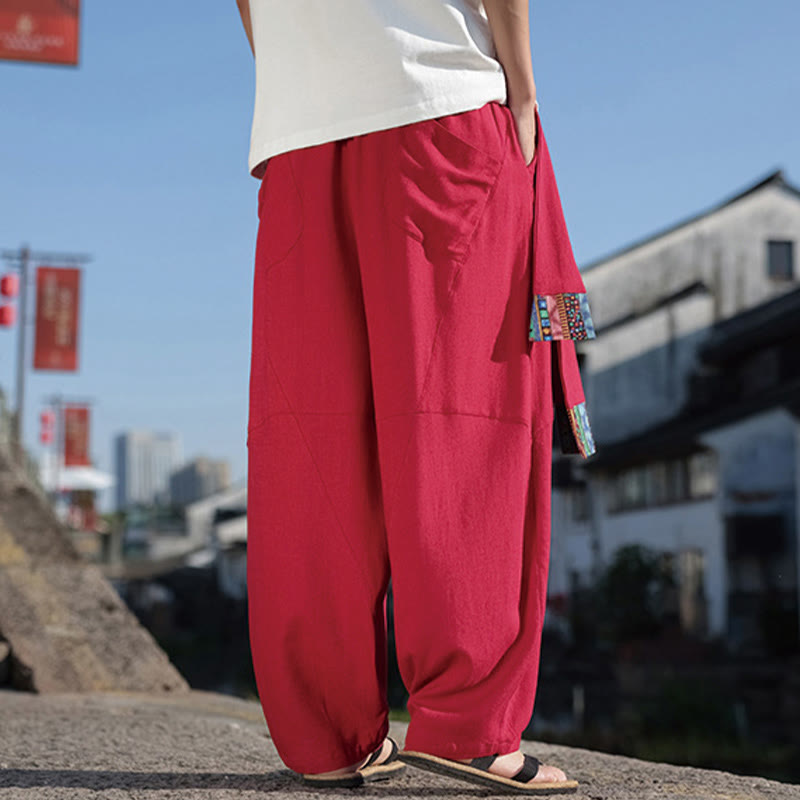 Simple Patchwork Design Drawstring Cotton Men's Wide Leg Pants With Pockets