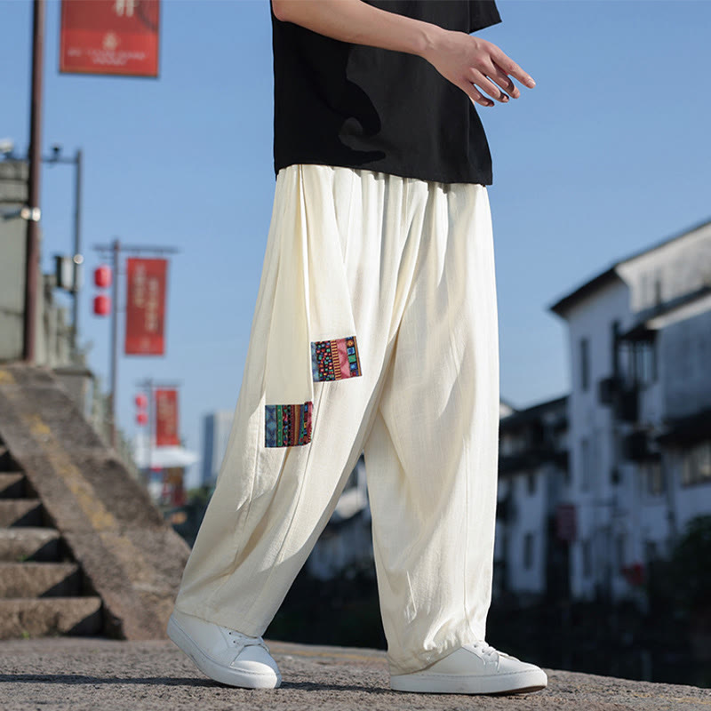 Simple Patchwork Design Drawstring Cotton Men's Wide Leg Pants With Pockets