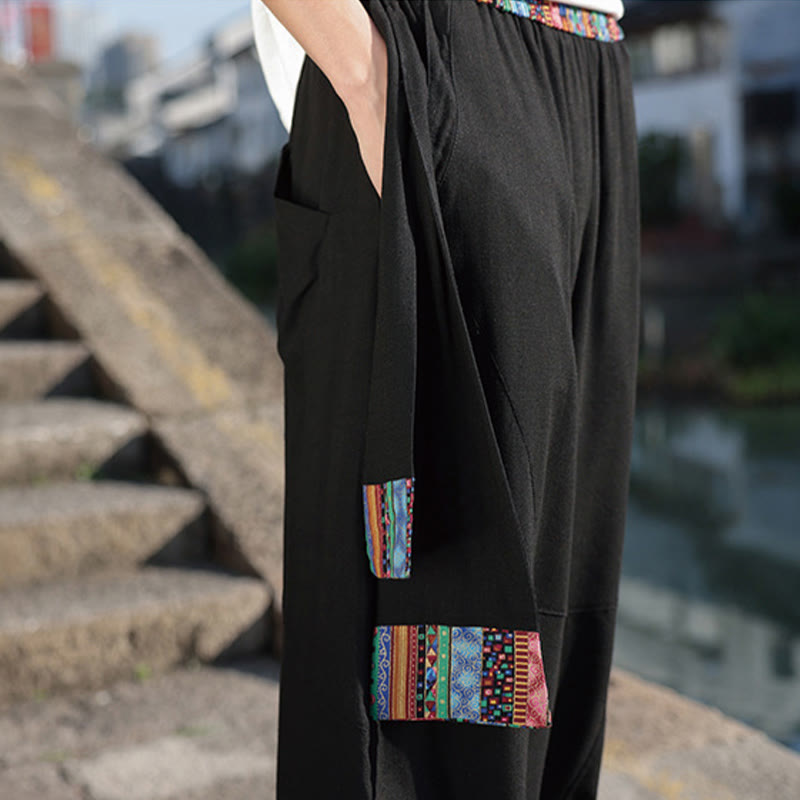 Simple Patchwork Design Drawstring Cotton Men's Wide Leg Pants With Pockets