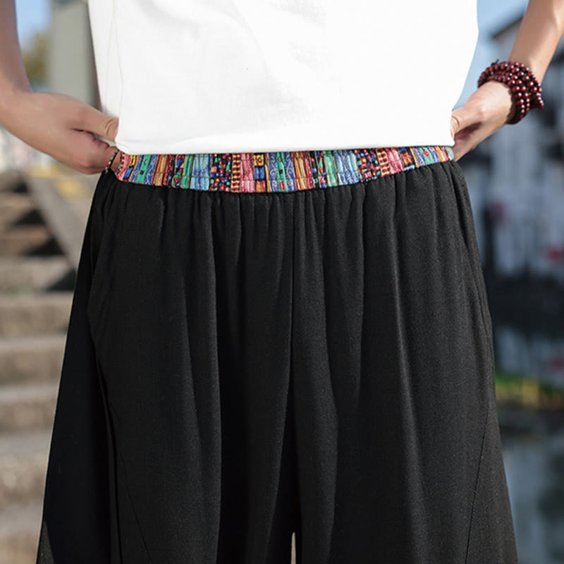 Simple Patchwork Design Drawstring Cotton Men's Wide Leg Pants With Pockets