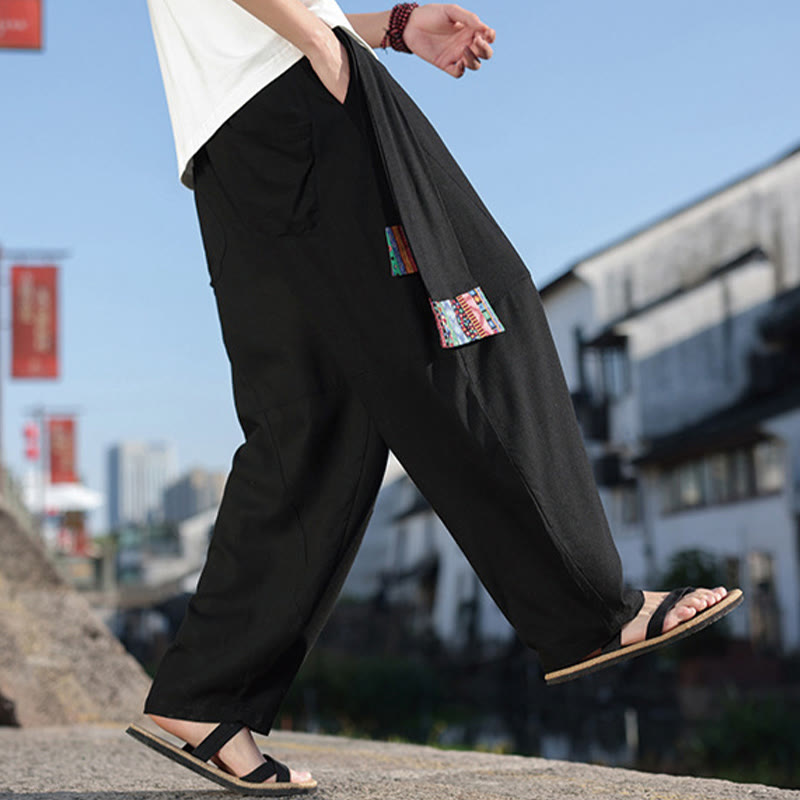 Simple Patchwork Design Drawstring Cotton Men's Wide Leg Pants With Pockets