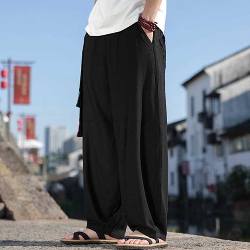 Simple Patchwork Design Drawstring Cotton Men's Wide Leg Pants With Pockets