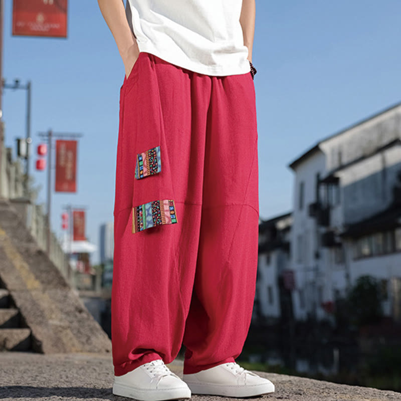 Simple Patchwork Design Drawstring Cotton Men's Wide Leg Pants With Pockets
