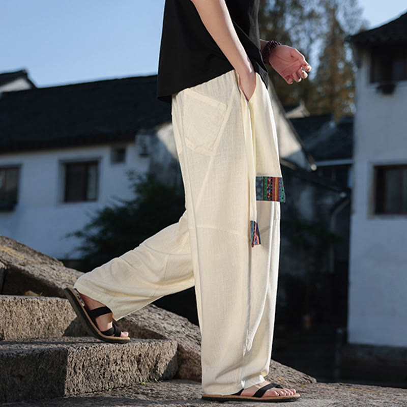 Simple Patchwork Design Drawstring Cotton Men's Wide Leg Pants With Pockets