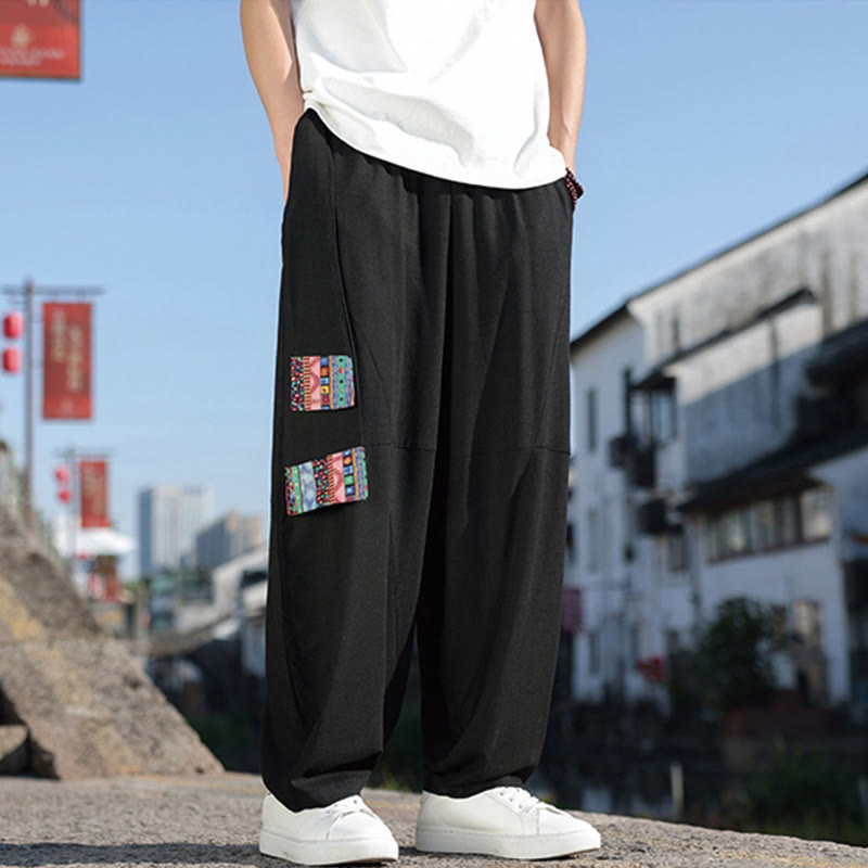 Simple Patchwork Design Drawstring Cotton Men's Wide Leg Pants With Pockets
