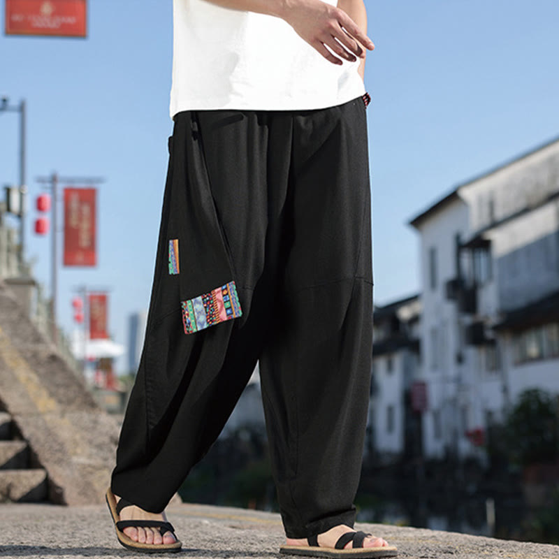 Simple Patchwork Design Drawstring Cotton Men's Wide Leg Pants With Pockets