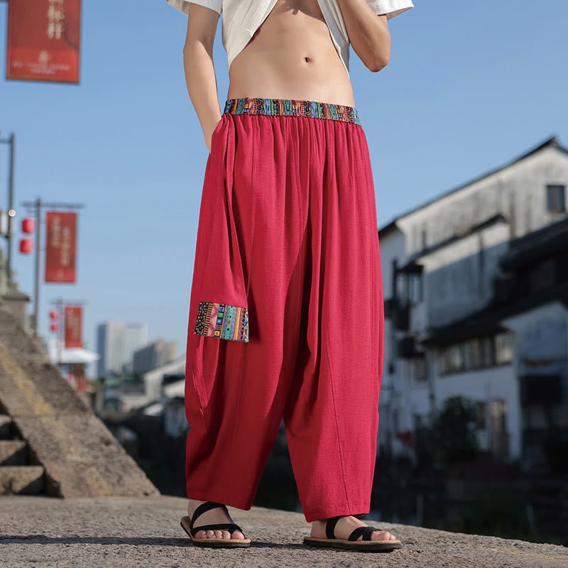 Simple Patchwork Design Drawstring Cotton Men's Wide Leg Pants With Pockets