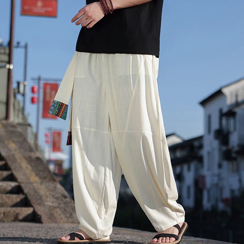 Simple Patchwork Design Drawstring Cotton Men's Wide Leg Pants With Pockets