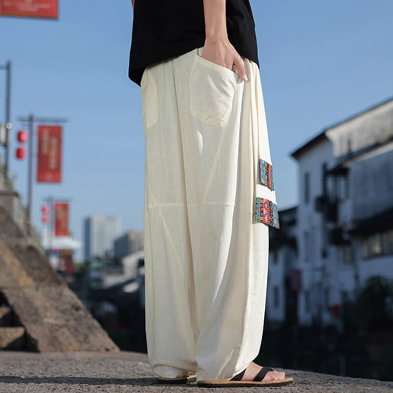 Simple Patchwork Design Drawstring Cotton Men's Wide Leg Pants With Pockets